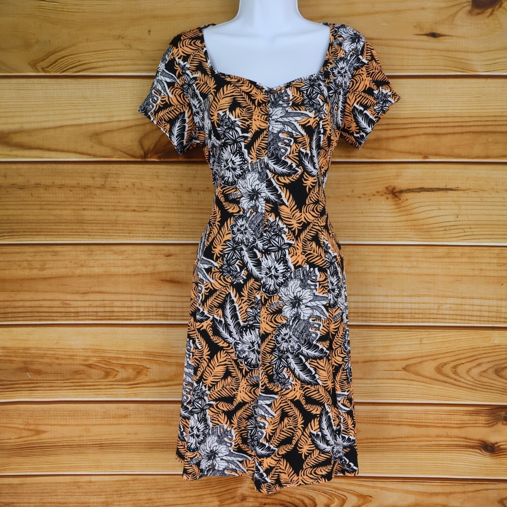 Kim Rogers Midi Dress Womens PM Orange Black Flowers‎ Leaves Sweetheart Neckline